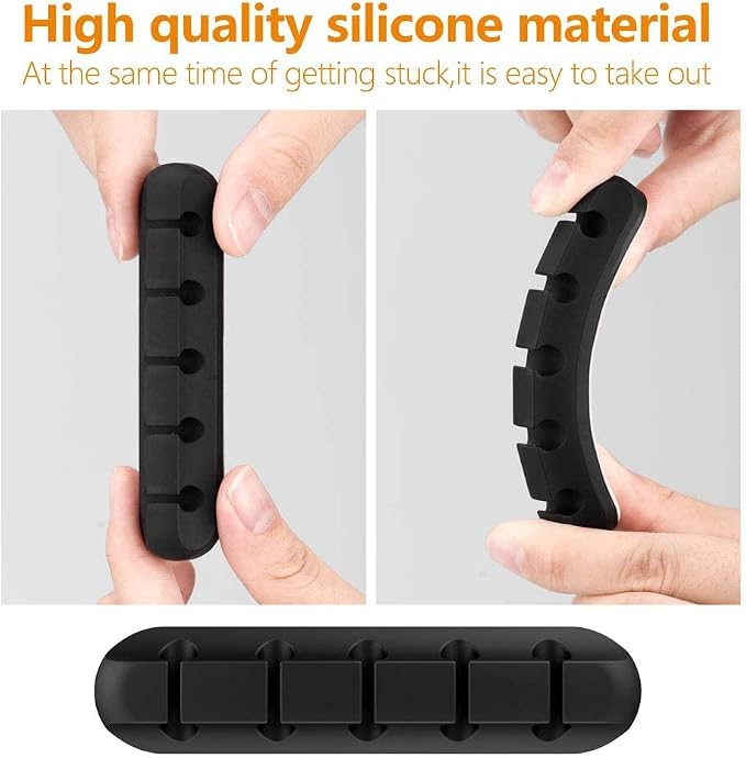 TviewSmart Cord Organizer for Desk, 5 Pack Cord Holders, Cable Clips, Black | Silicone cable management clips self adhesive for nightstand and charger, 7-5-3-1-1 slots hold USB and phone cords up to 6 mm