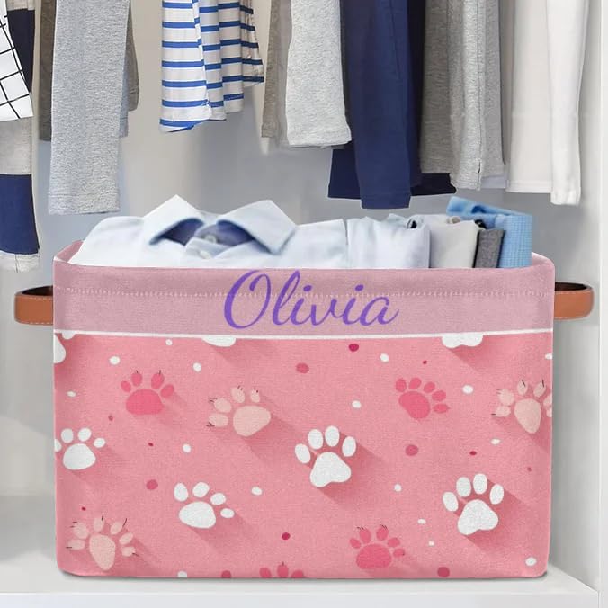 Personalized Name Storage Basket Handles for Girls, Canvas Storage Bins Toys Clothes Organizer for Bedroom, Kitchen, Bathroom, Nursery, Shelves, Closets, White Pink Dog Paw Print Pattern