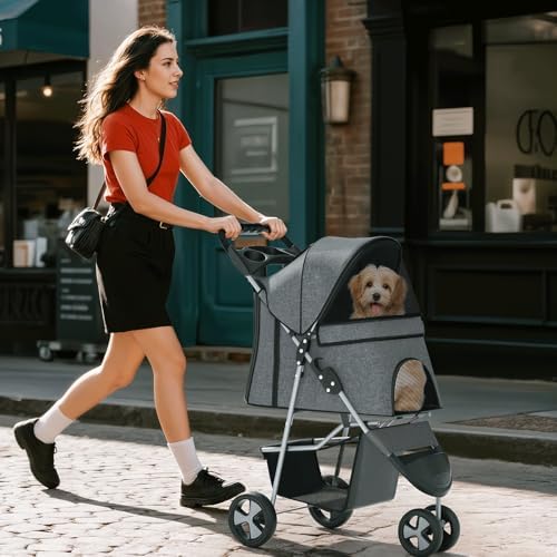 Foldable 3-Wheel Pet Stroller for Small/Medium Dogs & Cats, Grey | Storage Basket & Cup Holder, Breathable Mesh Cover, Lightweight and Durable, for Small to Medium Pets, up to 33 lbs