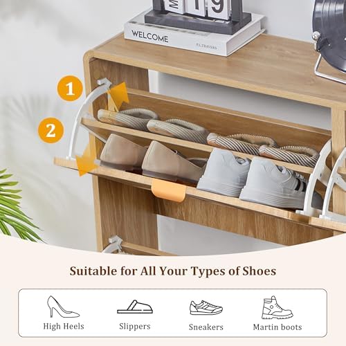 ORRD Shoe Storage Cabinet for Entryway with 4 Flip Drawers, Freestanding Narrow Wood Shoe Cabinet with Wave Panel, Hidden Shoe Organizer for Foyer, Hallway (Natural)