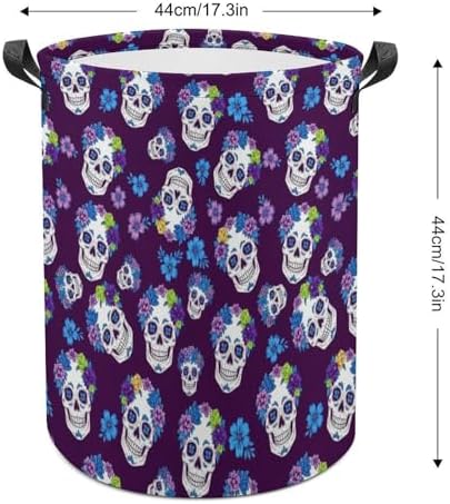 Large Capacity Foldable Hamper Flowers And Skulls Purple, Waterproof Laundry Basket with Handles for Bedroom, Bathroom, and Clothes Storage