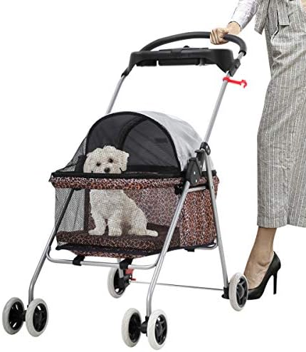 Meet Perfect Pet Stroller for Small/Medium Dogs & Cats, Leopard, Foldable | Waterproof fabric helps protect pets during outdoor travel; Mesh panels provide ventilation and visibility.