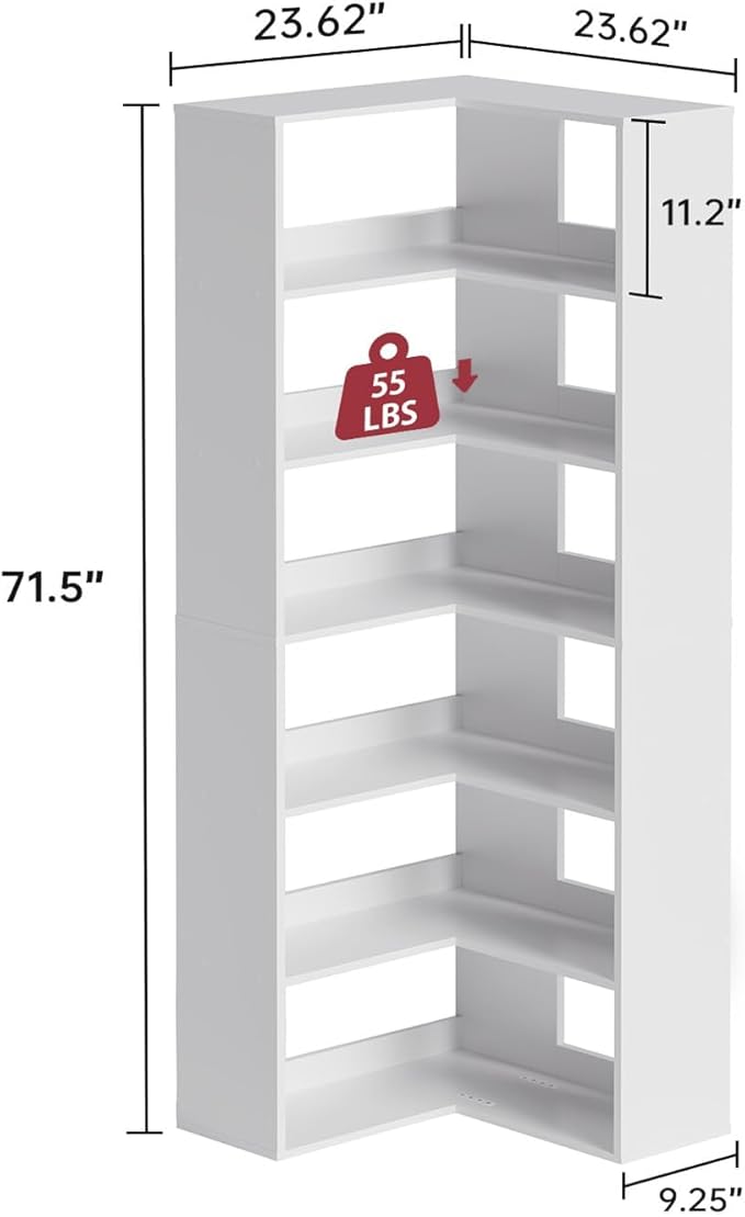 Corner Bookshelf, Freestanding L Shaped Display Shelf, 6 Tiers Bookcase with Baffles, Wooden Bookcase with Storage Organizer for Home Office, Living Room, Bedroom (23.6")