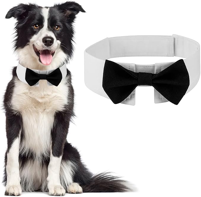 Elegant Dog Bow Tie - Cute Tuxedo Bowtie with Adjustable White Collar for Formal Pets - Perfect for Valentines, Weddings, and Birthdays