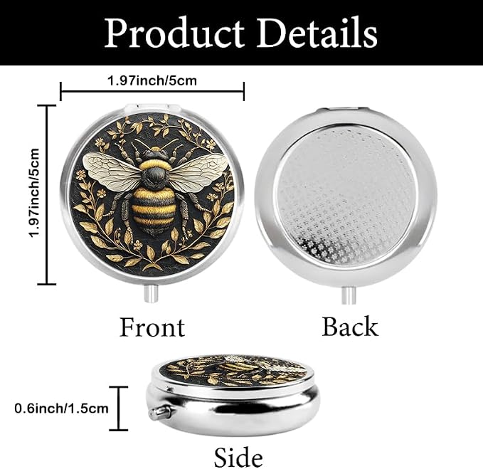 Portable Round 3 Compartment Metal Pill Box Beautiful Bumblebee Stereoscopic Relief Detailed Oil Painting for Travel First aid pet Care and organizing Small Items
