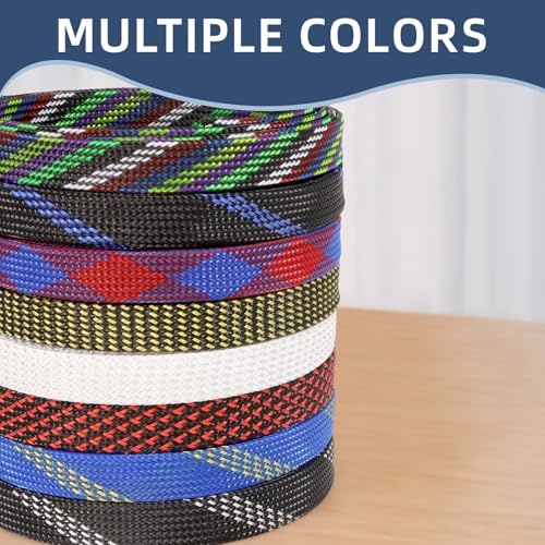 Braided Cable Sleeving, PET Expandable Braided Cable Sleeve, Flexible Mesh Sleeving Cord Management for Audio Video and Other Home Device, Cord Protector from Pets (Blue Gold, 3/8" x 25ft)