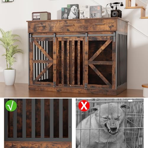 kepptory 48 Inch Large Dog Crate Furniture with 3 Storage Drawers, Wooden Pet Kennel with Removable Divider, Dog Kennel End Table TV Stand, Farmhouse Style Dog Crates with Sliding Barn Door (Brown)
