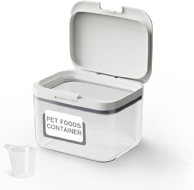 LivLab Mker 5 lb Airtight Dog Food Storage Container with Scoop, White | Airtight pop-lock lid with measuring cup; clear BPA-free bin stores dry dog or cat food, treats, rice, or flour.