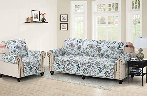 Brilliant Sunshine Green Vintage Flowers Loveseat Cover, 54" seat | Quilted Sofa Cover, Living Room & Bedroom Furniture Protector, Large Washable Love Seat Slipcover for Pets, Dogs & Cats