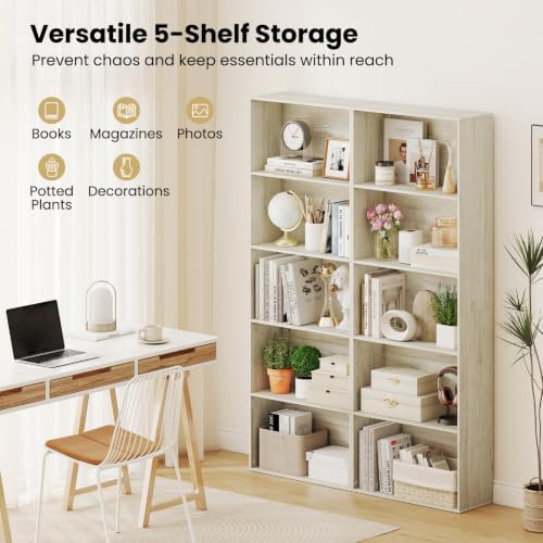 GIANTEX 5-Tier Bookshelf, Freestanding Bookcase, 5 Open Shelf, White Oak | Modern Display Shelf, Storage Organizer for Living Room, Home Office