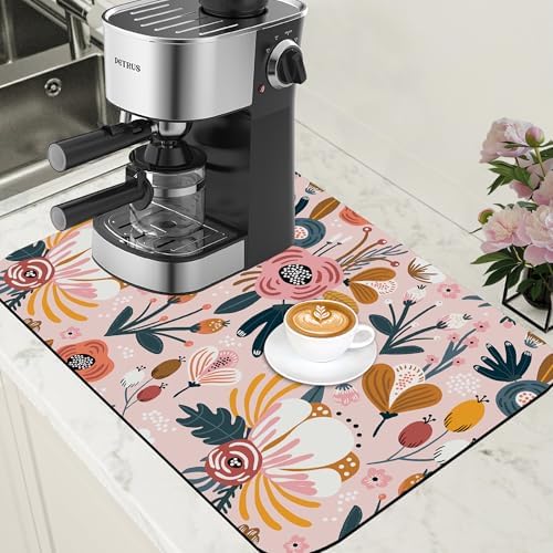 Dish Drying Mat Pink Flowers Berries Leaves Coffee Bar Mat for Countertop Absorbent Hide Stain Rubber Backed Dish Drainer Rack Pad Espresso Machine Dining Room Decor 15.7 x 23.6 Inch