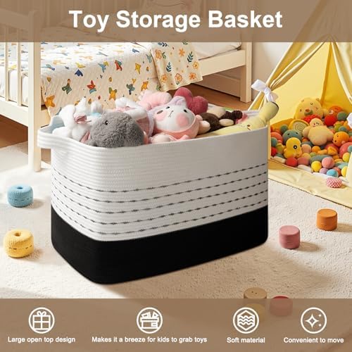 OIAHOMY 108L Extra Large Blanket Basket, 25”x16”x16” Rectangle Woven Cotton Rope Baskets for Living Room, Toy Storage with Handle- Gradient Black