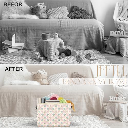 Coquette Pink Bow Hydrangea Floral Storage Bins with Handles, Pink and Blue Grandmillennial Flower Collapsible Laundry Basket Storage Box for Home Bedroom Bathroom Clothes Toys Books