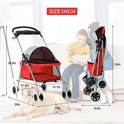 Meet Perfect Pet Stroller for Small/Medium Dogs & Cats, Red, Foldable | Waterproof fabric helps protect pets during outdoor travel; Mesh panels provide ventilation and visibility.