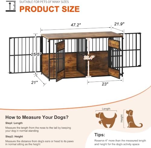 Semiocthome Dual Compartment Furniture Dog Crate, Antique Brown | Sturdy Metal Bars Dog Kennel with 4 Large Gates and Wood Storage Top, Indoor Pet Cage for Small and Medium Size Dogs