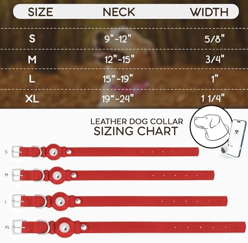 Leather Dog Collar with Airtag Holder - Apple Air Tag Dog Collars - Soft Tracking GPS Pet Collar for Small Medium Large Dogs Breed Puppy (Red, S, 9"-12" Neck Fit)
