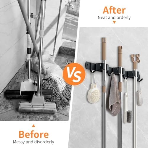 JAMEND CLXP Broom Hanger and Mop Holder, Heavy Duty Garden Tool Organizer Rack Rake and Shovel Handle, Stainless Steel Wall Mounted Utility Rack with Screws (5 Racks with 4 Hooks, Matte Black).