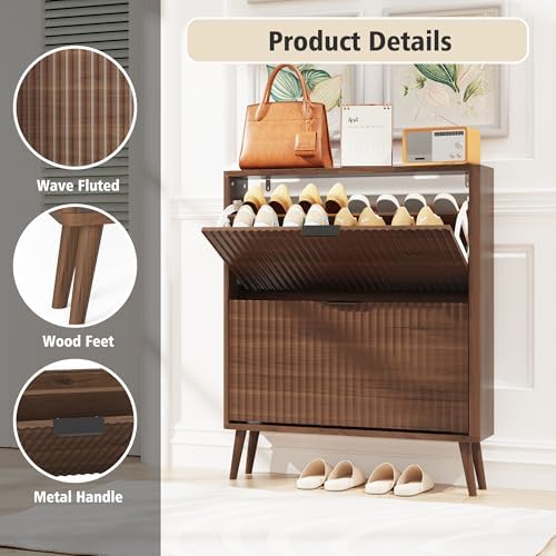 KIGOTY Narrow Shoe Storage Cabinet, Shoe Cabinet with 2 Flip Drawers, Freestanding Shoe Organizer with Legs for Entryway, Slim Shoe Rack Cabinet for Enterway (Walnut, 2 Flip Drawer)