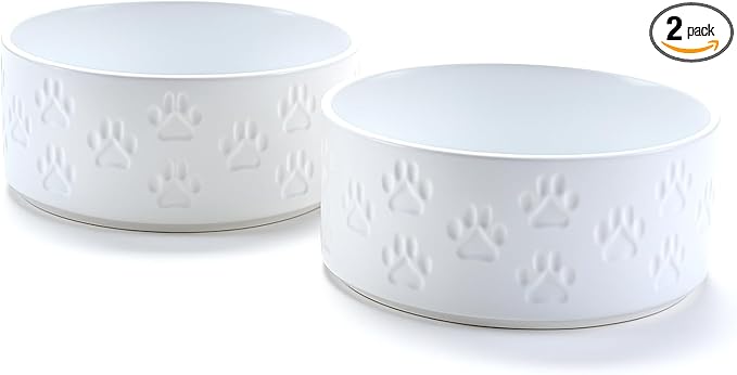 SPUNKYJUNKY Ceramic Dog and Cat Bowls 2 Pack, 6.1'' Dog and Cat Food Water Double Feeding Bowls Non-Slip for Large Sized Breed Microwave Dishwasher Safe - 28.7 OZ, 2pcs, Paw White