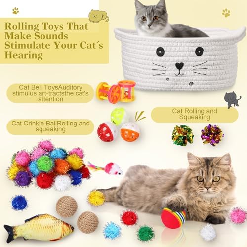 Zopeal 58 Pcs Summer Cat Storage Basket Gift Toys Set, Colorful Flashing Balls Pet Bell Crinkle Balls Spring Toys Attract Cat to Swat, Hunt, Interactive for Pet(White,9.8 Inch)