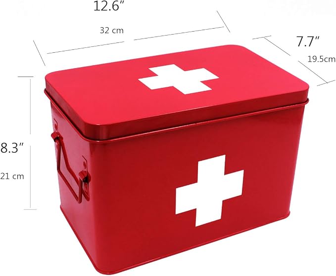 Funly mee Vintage First aid Box for Home, Medicine Tin, Red Metal Medicine Storage Box (Large 12.6× 8.3×7.7 inches)
