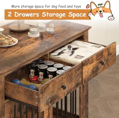 PRETZI Dog Crate Furniture, 44 Inch Wooden Dog Kennel Indoor with 2 Storage Drawers, Heavy Duty Large Crate Furniture, Rustic Style Decorative End Table Cage for Small/Medium/Large (Brown)