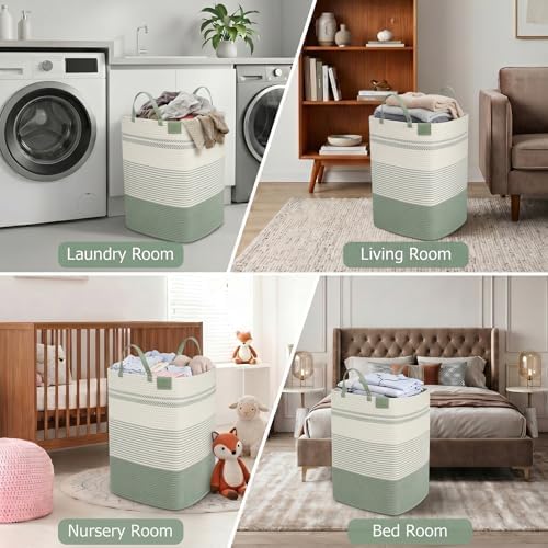danpinera 75L Woven Laundry Hamper with Long Leather Handles, Baby Laundry Basket for Nursery, Tall Hampers for Bedroom Aesthetic, Decorative Clothes Storage Basket for Family, White & Light Green