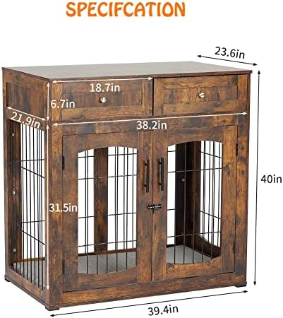 40'' Wooden Dog Crate Furniture, Farmhouse Dog Kennel Indoor Furniture Style Dogs Crate Table with 2 Drawers for Small, Medium & Large Dogs Brown