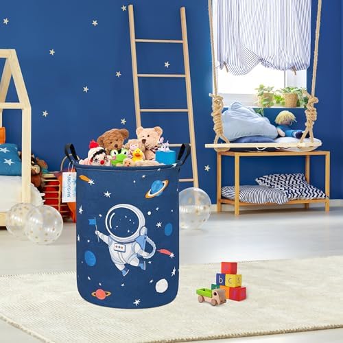Round Laundry Basket Collapsible Storage Hamper Organizer Space Astronaut | Waterproof Canvas Foldable Baskets with sturdy Handles Multi-scene Organizer for Home Play Bedroom Gift Bin