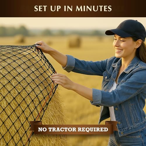 6x6 Ft Round Bale Hay Net for Horses – Knotless Slow Feeder Net with 2” Holes – Fits Up to 6x6 Round Bales or Square Bales – Helps Reduce Hay Waste – Large, Durable Hay Feeder, Year-Round Use