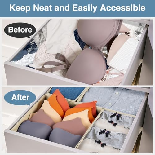 Criusia Drawer Organizer Clothes, 24 Pack Underwear Drawer Organizers, Foldable Closet Organizers and Storage Dresser Drawer Dividers Clothing Organizer for Clothes, Socks, Scarves, Bra, Ties (Beige)