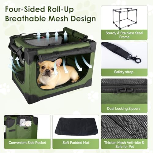 24 Inch Collapsible Soft Dog Crate for Small Dogs, Travel Dog Crate Green | Portable Dog Crate Soft Sided, 4-sided Mesh Vents, Foldable with Storage Bag, Fit Small Dogs & Large Cats, Indoor/Outdoor