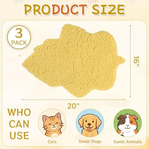 3 Pack Self Warming Pet Bed Leaf Shape Self Heating Cat Dog Mat Washable Thermal Sleeping Pad for Indoor Outdoor Hedgehog, Bunny, Sugar Glider, Rat, Chinchilla(Light Yellow,Small-16 x20)