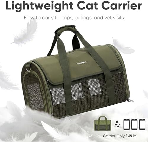 FUKUMARU Cat Carrier Soft, Ultra Lightweight Airline Approved Dog Carrier | Kitten Carrier with Anti-Scratch Mesh, Breathable Small Dog Carrier Bag, Collapsible Pet Carrier for Cats Under 15 lb, Green