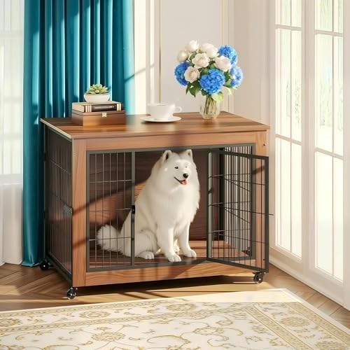 Dog Crate Furniture with Wheels, Wooden Dog Kennel Indoor, Decorative Side End Table for Small Dogs, Easy Installation (38.6'')