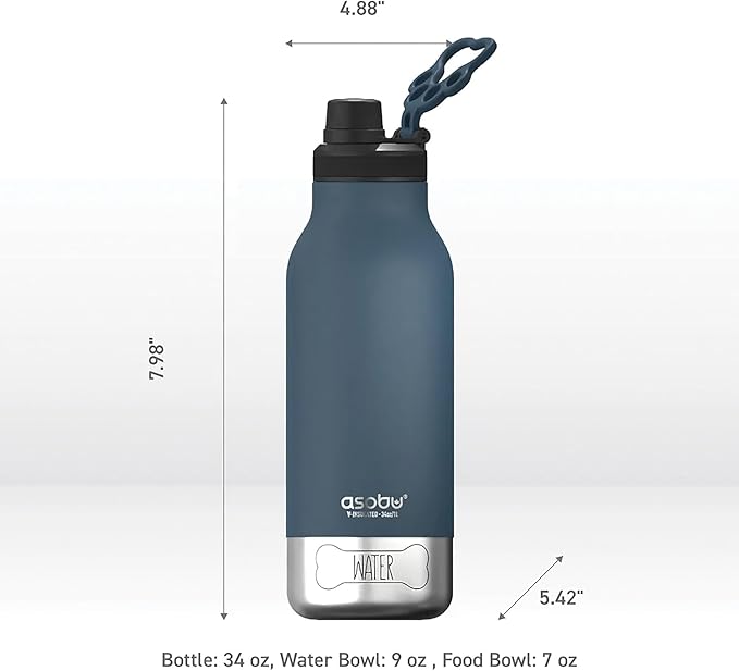 Asobu Dog Barky Bottle – Insulated Stainless Steel Water Bottle with 2 Removable Dog Bowls for Food, Treats & Water – Pet-Friendly Travel Bottle for Hiking, Road Trips & Outdoor Adventures