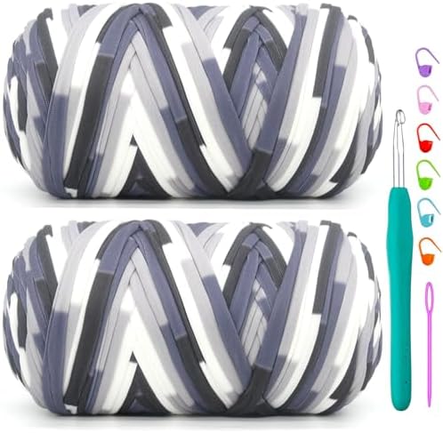 2 Pack Tshirt Yarn for Crochet,Rainbow T Shirt Soft Elastic Fabric Chunky Thick T-Shirt Crochet Yarn for Crocheting Knitting Beginner Hand Knitting Bag/DIY Craft/Home Decor 2 * 400G-Black White Grey