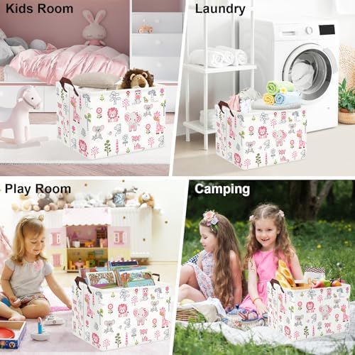 Clastyle Large Woodland Animal Baby Shower Bakset Pink Book Gift Bin, 36L | Foldable Dirty Clothes Toy Organizer Bin, Playroom Bedroom Bathroom, Girl Nursery Decor Laundry Hamper, Jungle Elephant Lion