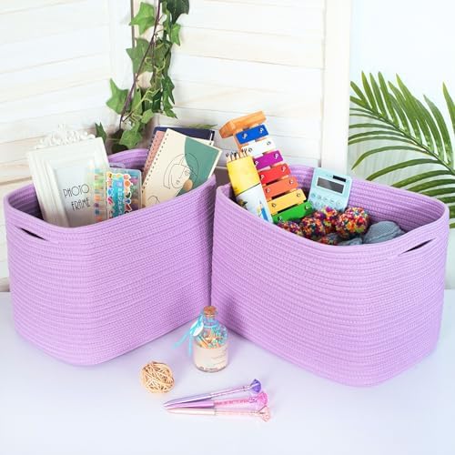 MINTWOOD Design 3-Pack Storage Baskets for Shelves, Decorative Baskets for Organizing, Woven Baskets for Storage, Book Basket Cube Storage Bin Box, Pantry Closet and Shoe Organizers, Lilac Purple