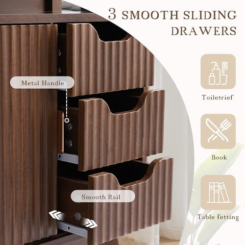 Grepatio Bathroom Floor Cabinet, Fluted Storage Cabinet with Sliding Door & 3 Drawers, Freestanding Cabinets Organizer Storage w/Adjustable Shelf, Faux Marble Top for Bathroom, Kitchen (Brown)