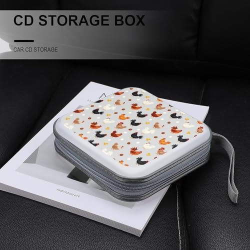 Protective 40-Disc CD/DVD Wallet Chicken Printed, Hard Plastic Storage Binder with Handle, Portable Organizer for Car Office Travel