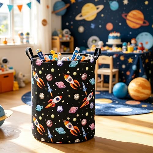 Round Laundry Basket Collapsible Storage Hamper Organizer Planet Rocket | Waterproof Canvas Foldable Baskets with sturdy Handles Multi-scene Organizer for Home Play Bedroom Gift Bin