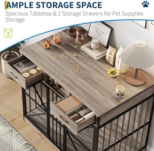Dog Crate, Heavy-Duty Dog Crate Furniture Storage Table, Double Doors Dog Kennel Indoor Easy Access, Removable Tray Small Dog Crate Dog Kennel Furniture for Home, Vintage Brown/Black 44-Inch