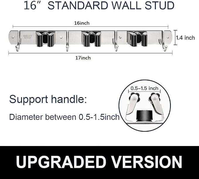 IMILLET Broom Holder Wall Mount, Heavy Duty Garage Organization Mop Hanger | Stainless Steel Broom and Mop Organizer Wall Hanging Self Adhesive for Laundry Room,Garden,Utility