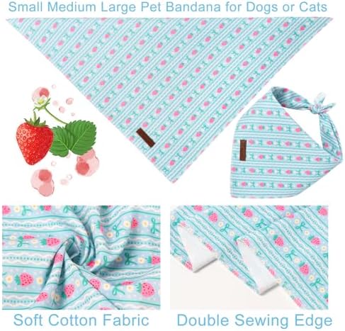 Summer Dog Bandana, UP URARA PUP Strawberry and Bowknot Triangle Bid Scarf for Medium Large Dogs, Cotton Kerchief for Girl Boy Puppies, Cute Spring FloralBandana,L