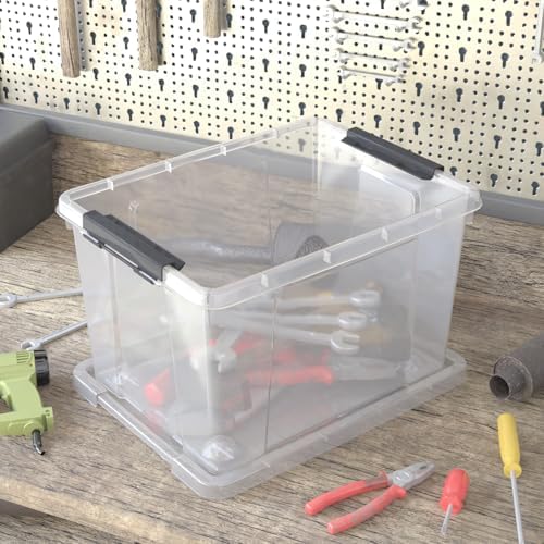 32 Quart Clear Plastic Latch Storage Bins with Wheels, 4 Pack