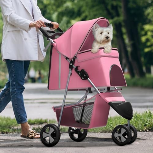 Foldable 3-Wheel Pet Stroller for Small/Medium Dogs & Cats, Pink | Storage Basket & Cup Holder, Breathable Mesh Cover, Lightweight and Durable, for Small to Medium Pets, up to 33 lbs