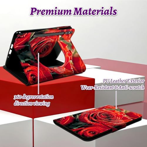 Rotating Handle Case for Samsung Galaxy Tab S8 Plus 2022/S7 FE 2021/S7 Plus 2020 12.4 Inch, 360 Degree Swivel Kickstand with Magnetic Closure Leather Protective Cover, Red Rose