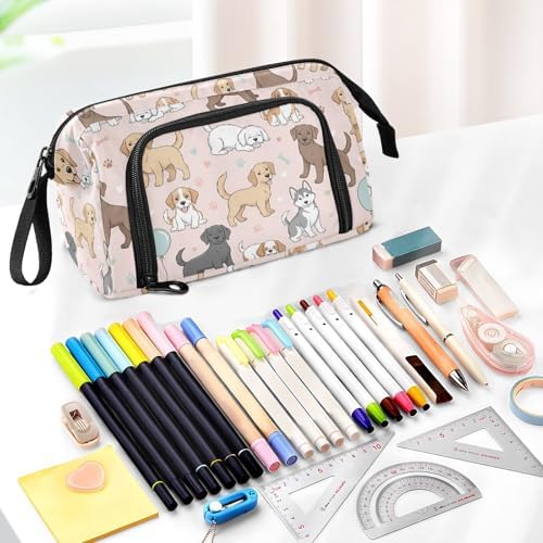 Emelivor Cute Pets Dogs Pink Print Pencil Case Large Capacity Pencil Pouch Bag with Compartmens Pen Organizer Portable Stationery Bag for School Office Men Women Adults