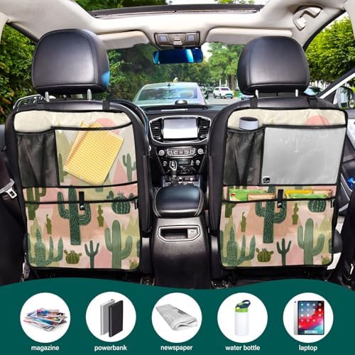 2 Pack Back Seat Car Organizer with Storage Pockets Kick Mats Back Seat Protector Hanging Car Organizer Automotive Seat Back Cover Organizers Boho Cacti Mountains Sun